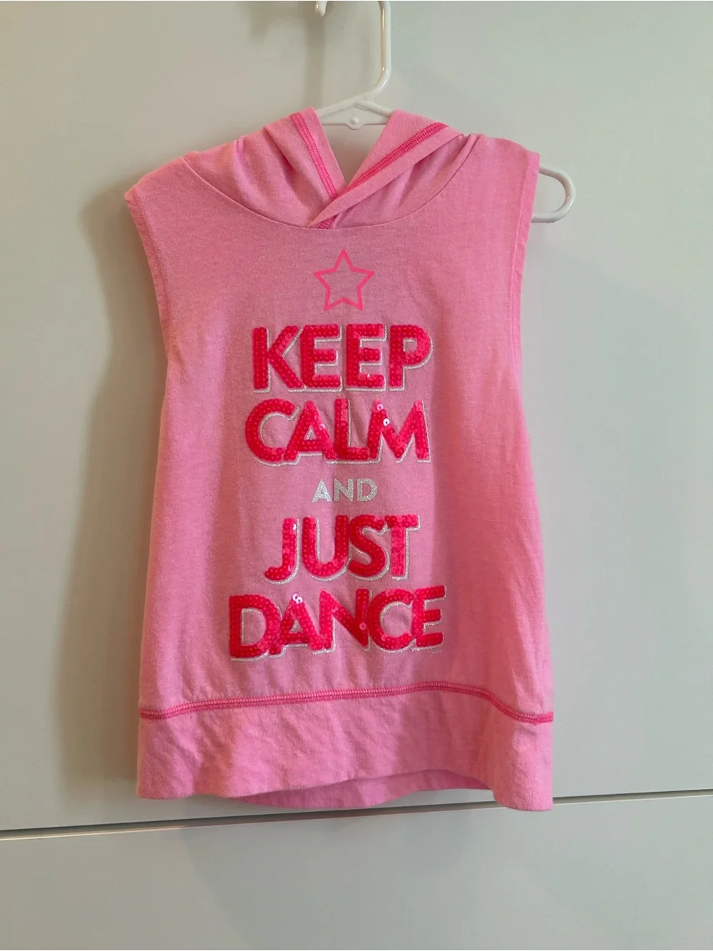 Pink Sleeveless Hooded Tank with Metallic Logo “Keep Calm and Just Dance” Size 7